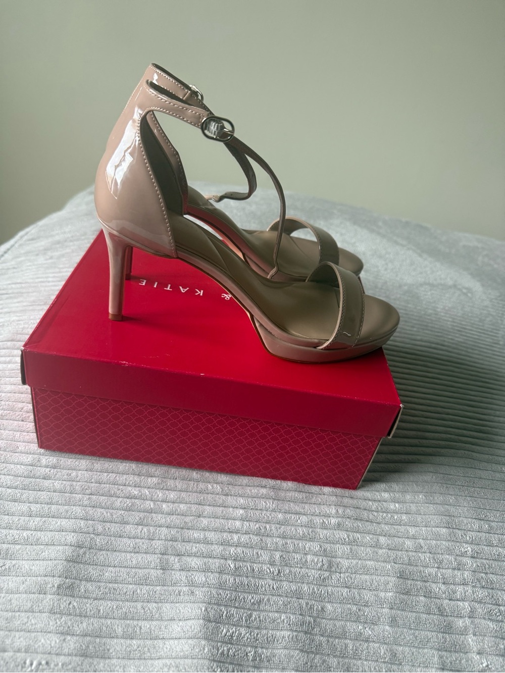 Kelly & Katie Nude Platform Patent T-Strap Heeled Sandals